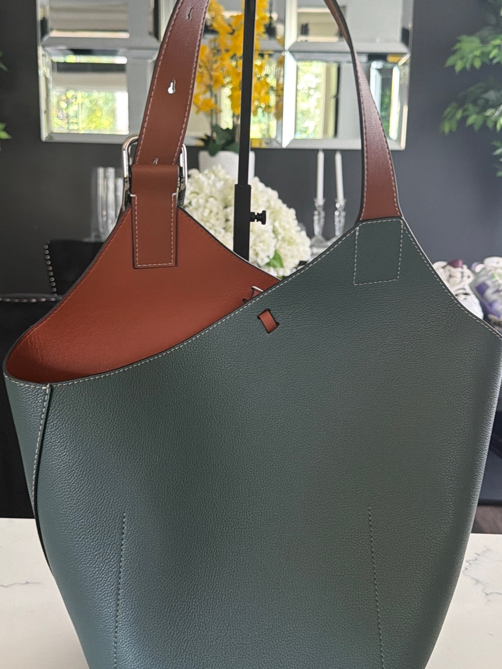Two-Tone Green and Brown Reversible Shoulder Bag
